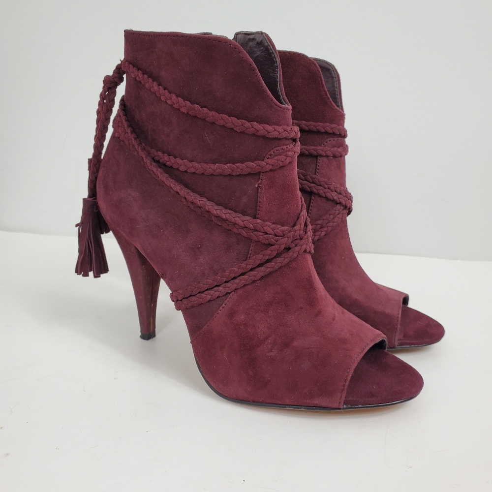 Vince Camuto Burgundy Suede Braided Peep-Toe Ankle Boots